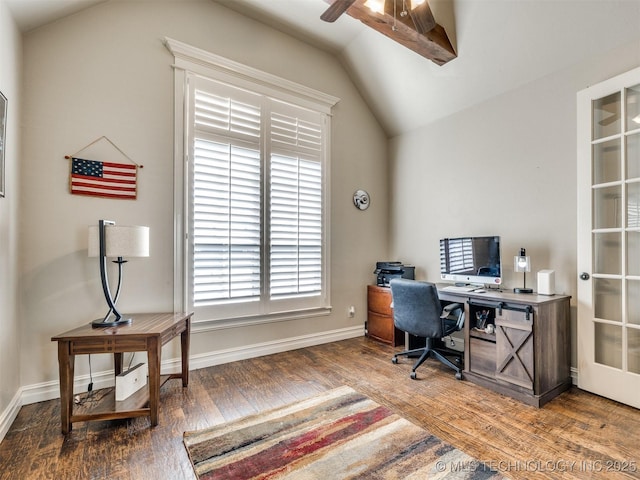 office space featuring vaulted ceiling with beams, ceiling fan, and wood-type flooring