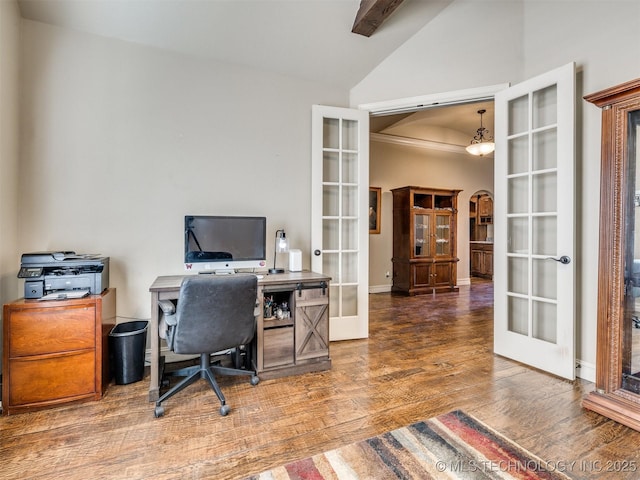 office space featuring french doors, beamed ceiling, high vaulted ceiling, and hardwood / wood-style flooring