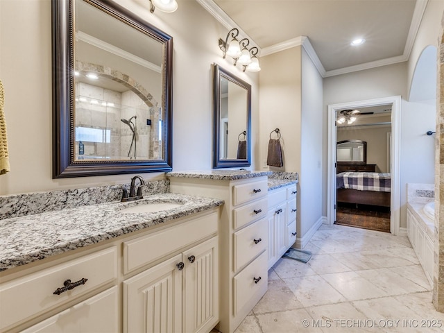 bathroom with shower with separate bathtub, vanity, and ornamental molding