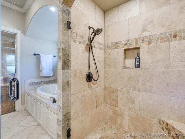 bathroom with separate shower and tub and crown molding