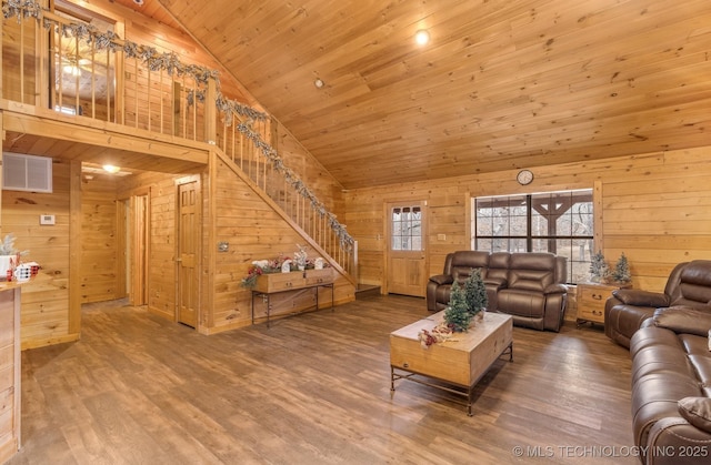 living room with hardwood / wood-style flooring, high vaulted ceiling, wooden walls, and wood ceiling