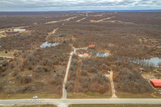 birds eye view of property featuring a water view and a rural view