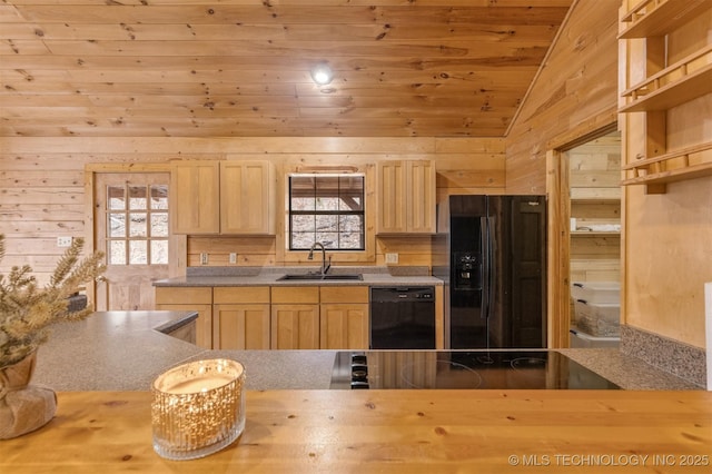 kitchen with sink, wooden ceiling, wooden walls, and black appliances