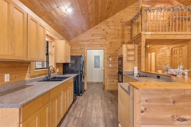 kitchen with wood ceiling, sink, black appliances, light brown cabinets, and hardwood / wood-style flooring