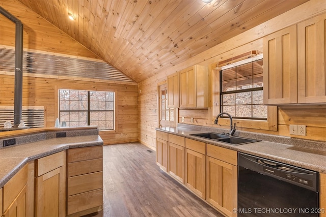 kitchen featuring vaulted ceiling, sink, wooden ceiling, dishwasher, and wood walls