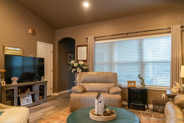 living room with hardwood / wood-style flooring and lofted ceiling