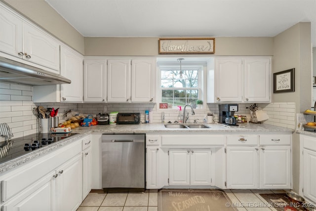 kitchen with sink, light tile patterned floors, stainless steel dishwasher, black electric stovetop, and white cabinets