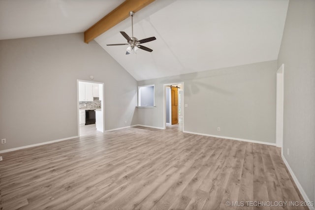 unfurnished living room featuring ceiling fan, light hardwood / wood-style flooring, high vaulted ceiling, and beamed ceiling