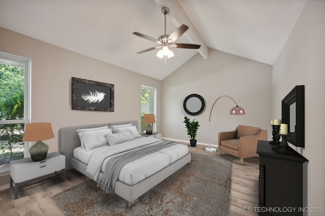 bedroom featuring hardwood / wood-style floors, vaulted ceiling with beams, and ceiling fan