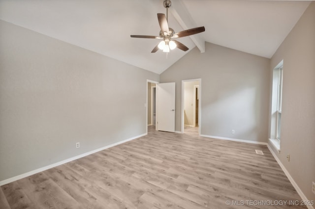 unfurnished bedroom with vaulted ceiling with beams, light hardwood / wood-style floors, and ceiling fan