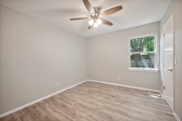 unfurnished room with ceiling fan and light hardwood / wood-style floors