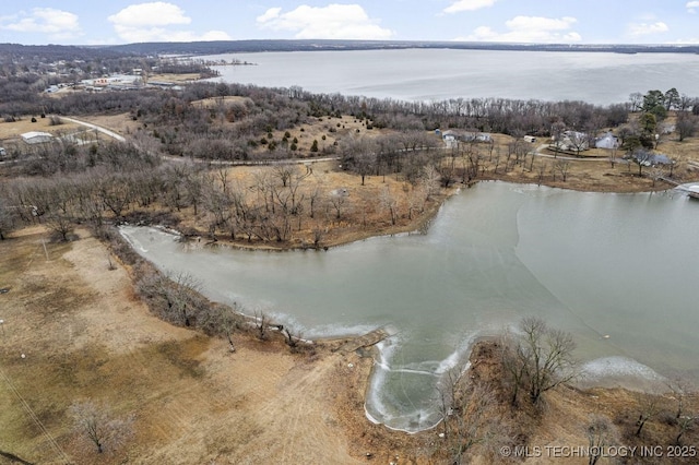 drone / aerial view with a water view