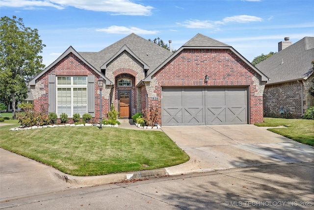 view of front of property featuring a garage and a front lawn