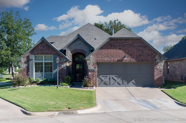 view of front facade with roof with shingles, a front lawn, driveway, brick siding, and an attached garage