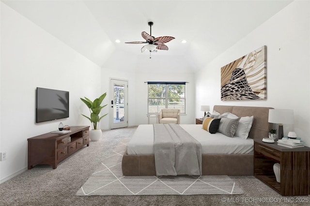 bedroom with access to exterior, light colored carpet, high vaulted ceiling, and ceiling fan