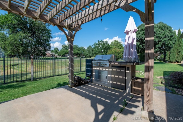 view of patio / terrace featuring exterior kitchen, grilling area, a pergola, and fence
