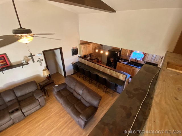 living room featuring ceiling fan, light hardwood / wood-style flooring, and sink