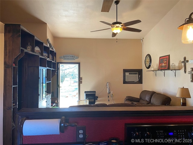 living room featuring ceiling fan