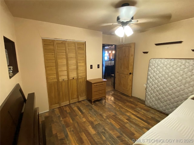 bedroom featuring ceiling fan, dark wood-type flooring, and a closet