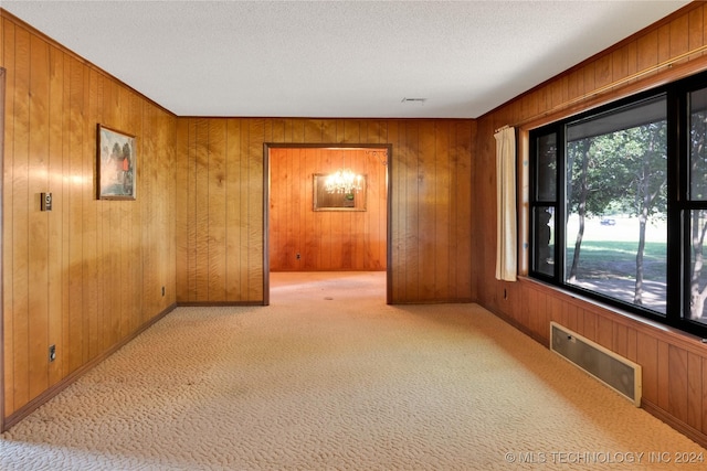 carpeted spare room with a textured ceiling and wooden walls