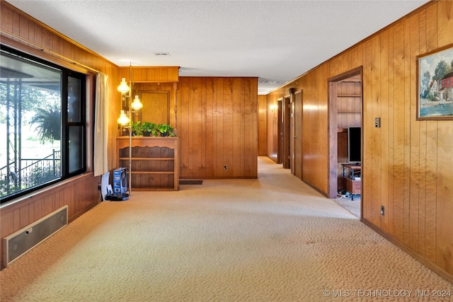 interior space with light colored carpet, a textured ceiling, and wooden walls