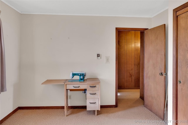 unfurnished office with light colored carpet and crown molding