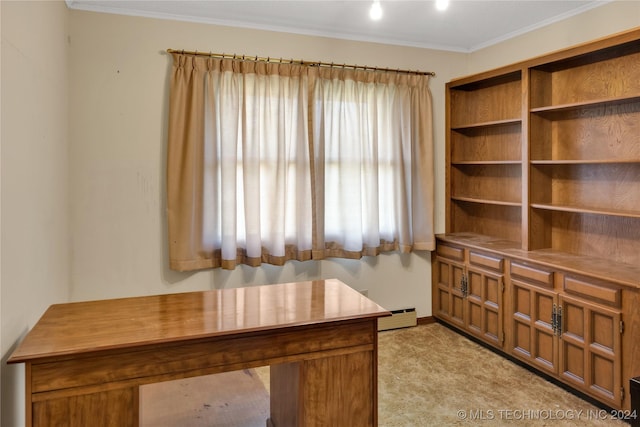 unfurnished office featuring light colored carpet, a baseboard radiator, and ornamental molding