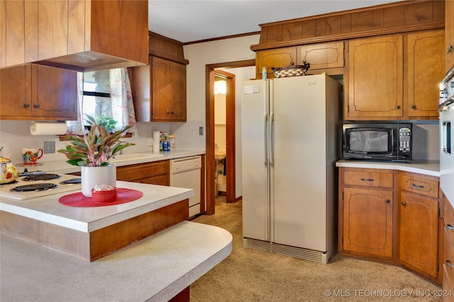 kitchen featuring crown molding, sink, and white appliances