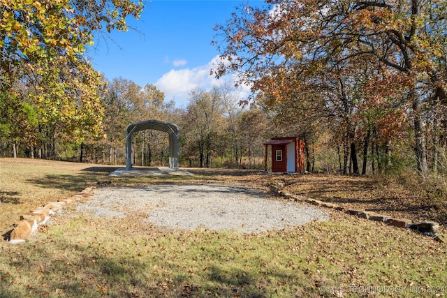 view of yard featuring a shed