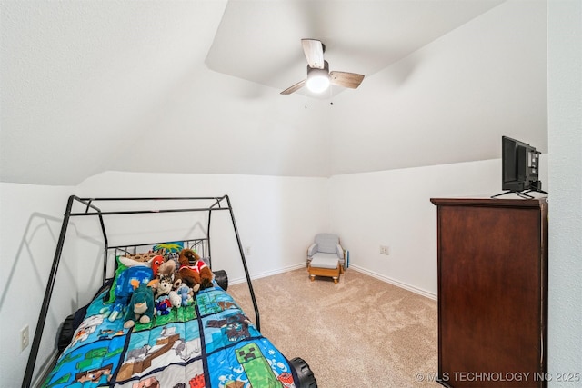 bedroom with light colored carpet, ceiling fan, and lofted ceiling