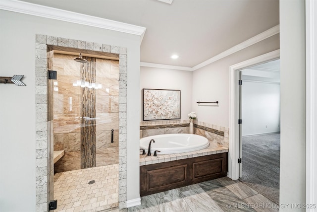 bathroom with plus walk in shower and ornamental molding