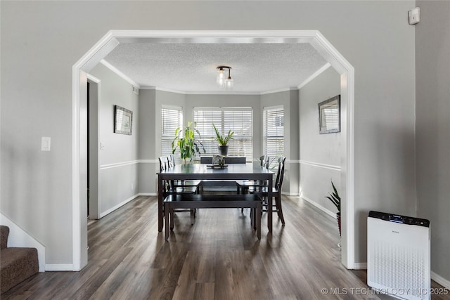 dining room featuring crown molding, dark wood-type flooring, and a textured ceiling