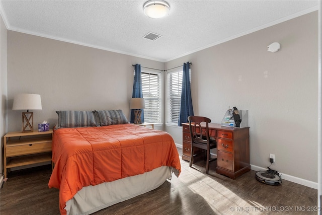 bedroom featuring wood-type flooring, a textured ceiling, and crown molding