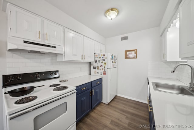 kitchen with white cabinetry, sink, dark hardwood / wood-style flooring, blue cabinets, and white appliances