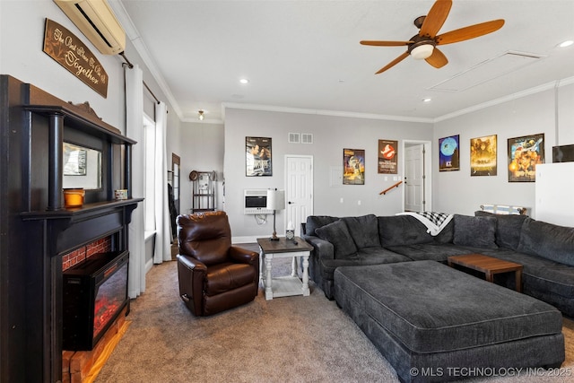 living room featuring ornamental molding, heating unit, a wall mounted AC, ceiling fan, and carpet floors