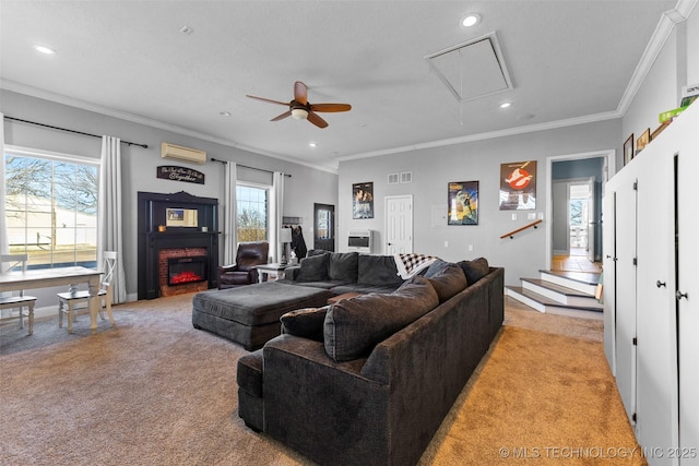 living room featuring a wall unit AC, light carpet, crown molding, and ceiling fan