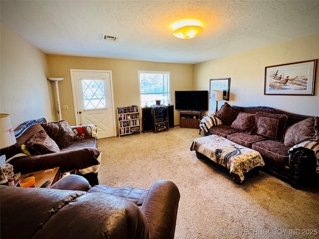 living room with a textured ceiling and carpet flooring