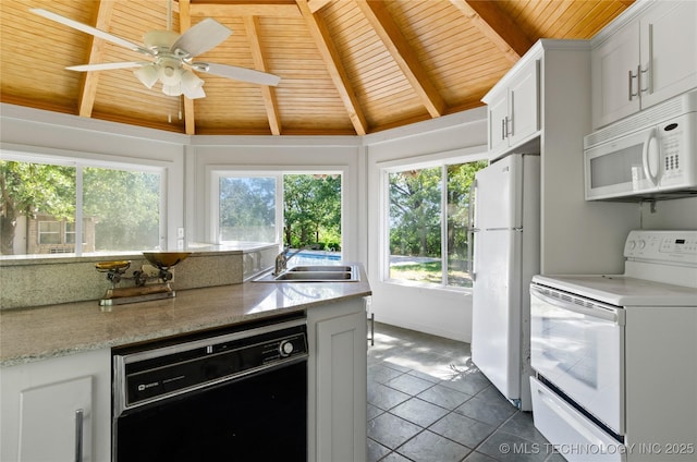 kitchen featuring white appliances, sink, lofted ceiling with beams, wooden ceiling, and white cabinets