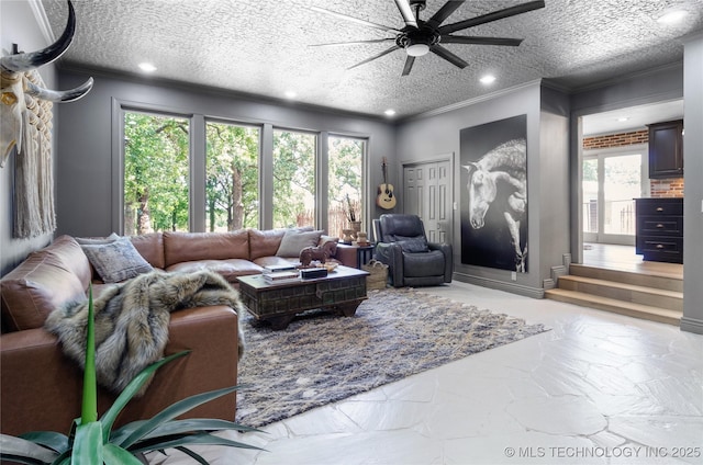 living room with ceiling fan and a textured ceiling