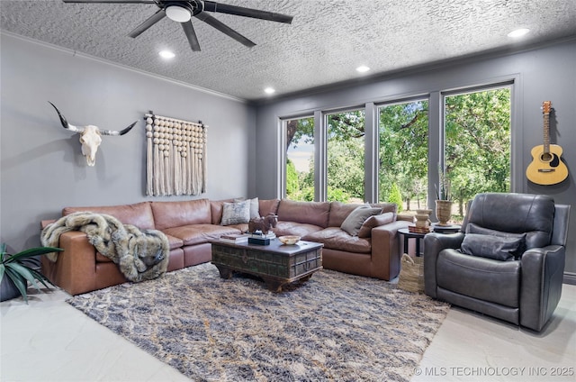 living room with ceiling fan, plenty of natural light, crown molding, and a textured ceiling