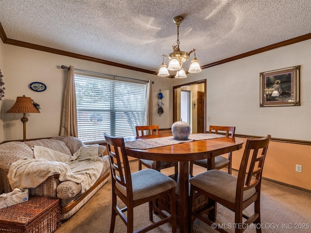 carpeted dining room featuring a textured ceiling, an inviting chandelier, and crown molding