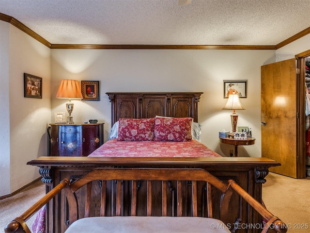 bedroom with carpet flooring, a textured ceiling, and crown molding