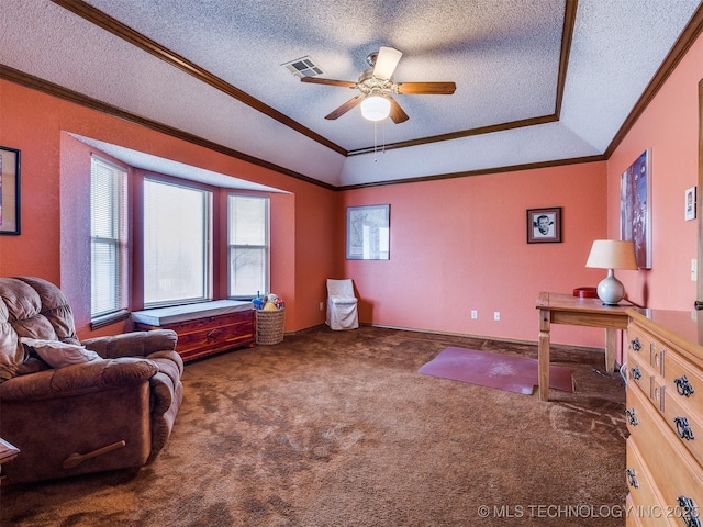 interior space featuring ornamental molding, a textured ceiling, ceiling fan, dark colored carpet, and lofted ceiling