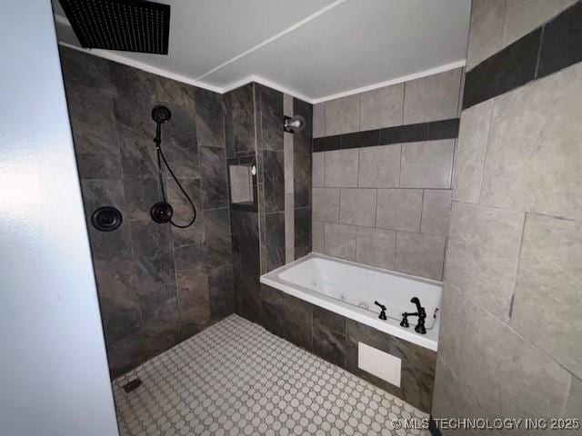 bathroom with shower with separate bathtub and tile patterned floors