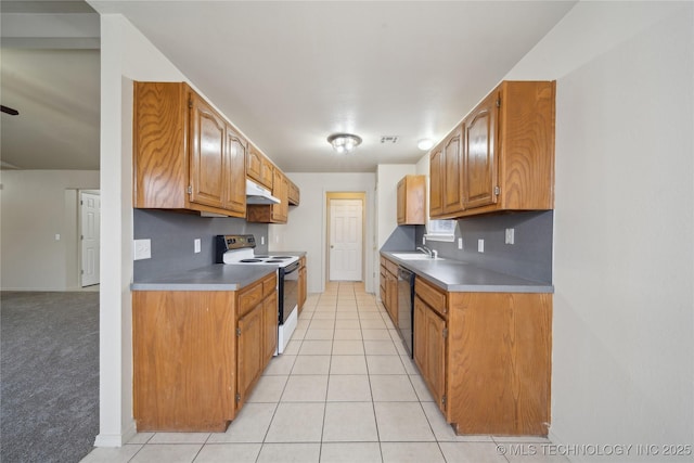 kitchen with light carpet, sink, white electric stove, stainless steel dishwasher, and decorative backsplash