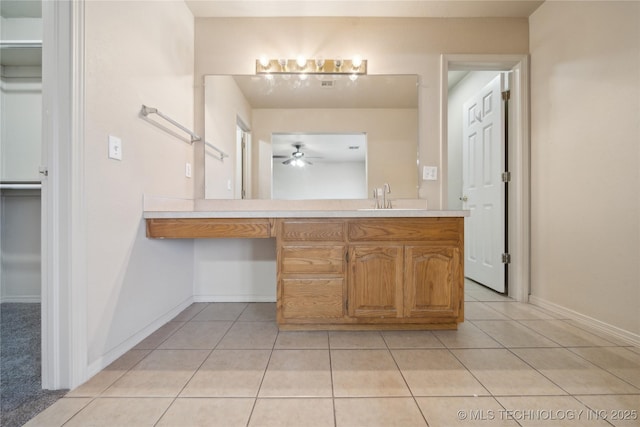 bathroom featuring vanity, tile patterned floors, and ceiling fan