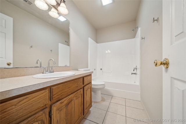 full bathroom with shower / bathtub combination, vanity, a notable chandelier, tile patterned flooring, and toilet