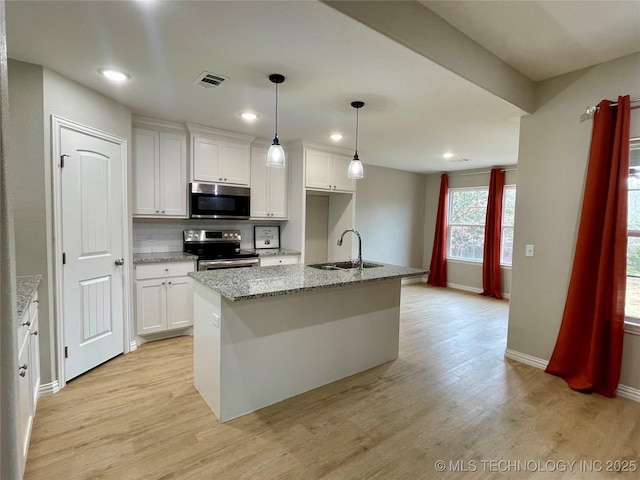 kitchen featuring white cabinetry, sink, backsplash, an island with sink, and appliances with stainless steel finishes