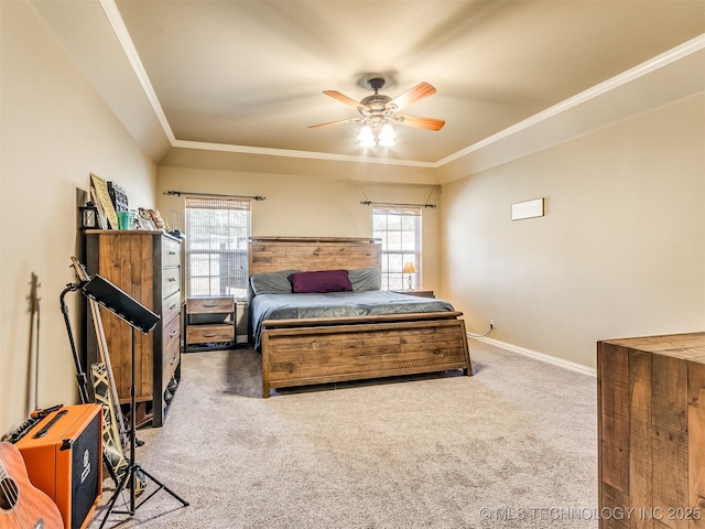 bedroom featuring carpet, ceiling fan, and crown molding