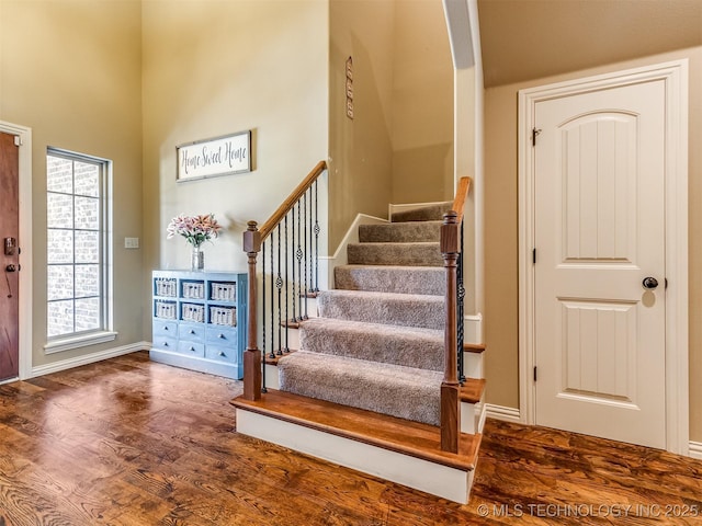 foyer featuring a high ceiling and dark hardwood / wood-style flooring